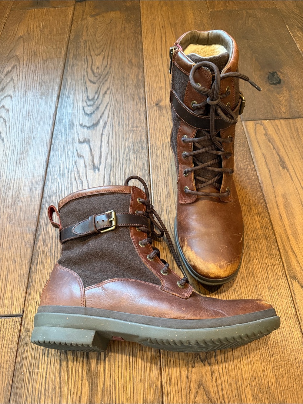 UGG Women's Waterproof Brown Leather & Wool Lace-Up Winter Boots